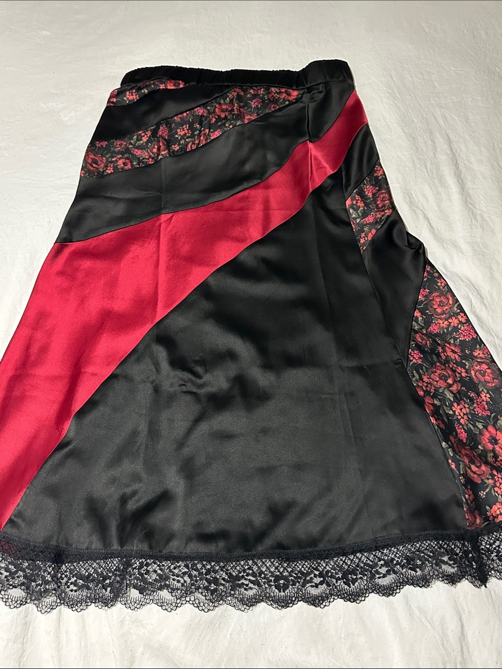 Black & Red Floral Panel Maxi Skirt